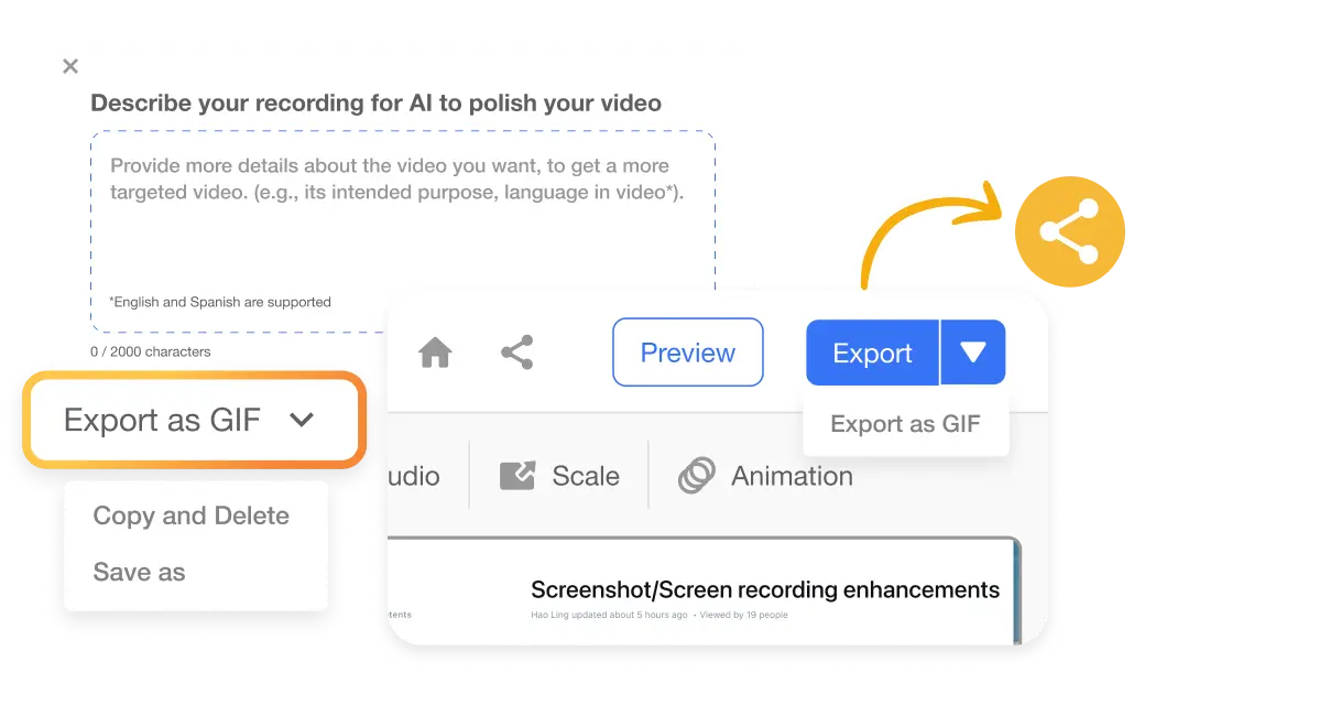 Screen Step Recorder interface with export options for sharing a product demo